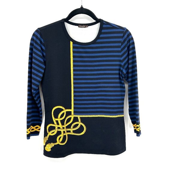 J. MCLAUGHLIN Navy Blue Yellow Nautical Rope Striped Print Long Sleeve Shirt XS - Picture 1 of 5